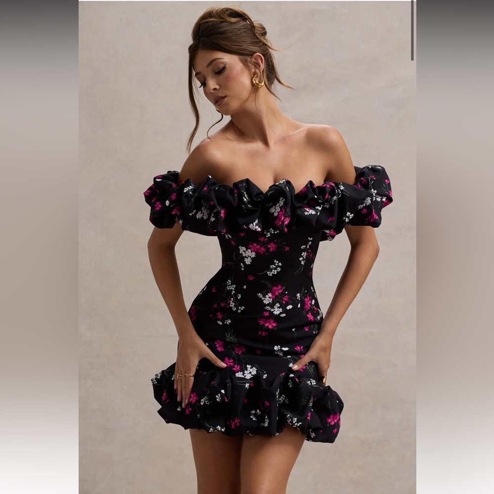 Club L London Lindo Black Ditsy Floral Print Ruffled Bardot Mini Dress NWT NEW